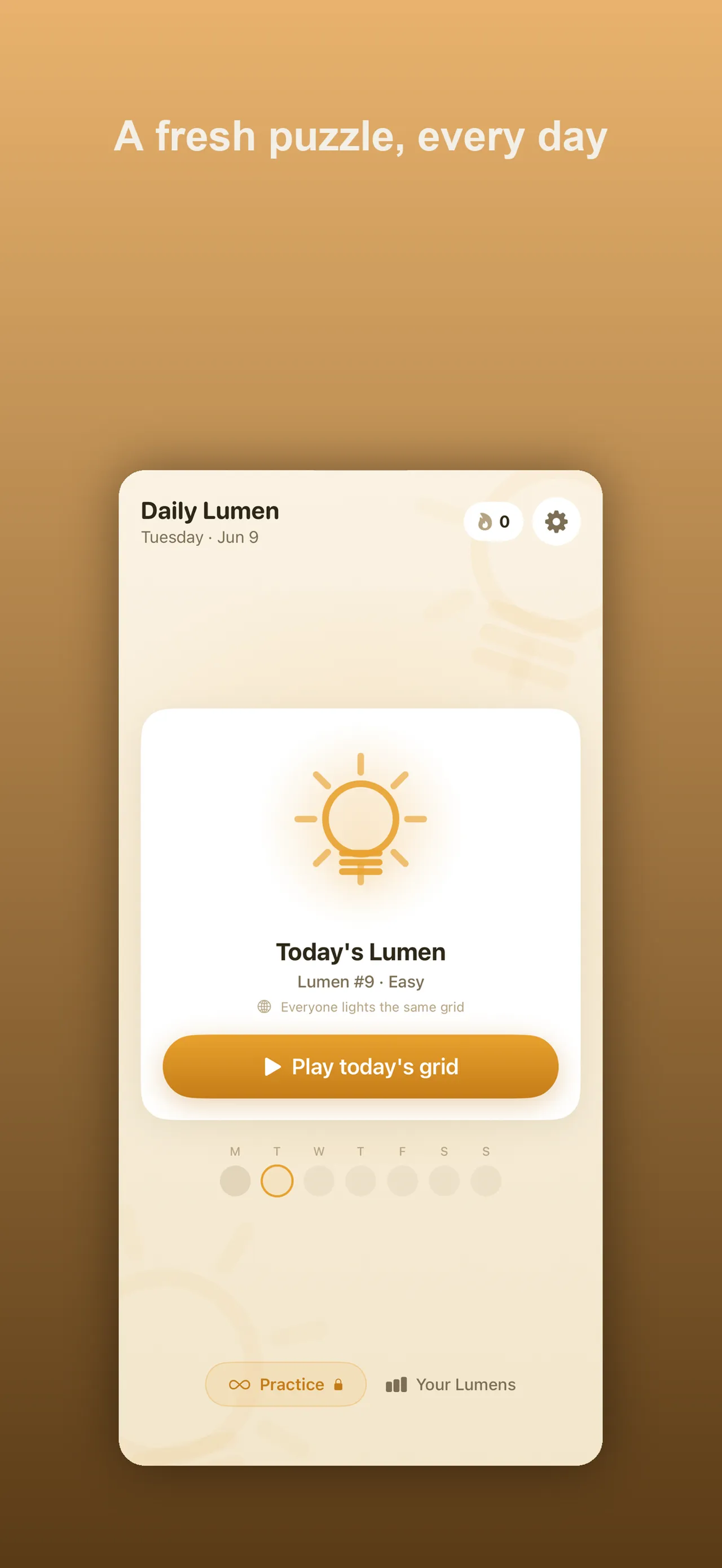 Daily Lumen's home screen: Today's Lumen, Lumen #9, Easy, everyone lights the same grid