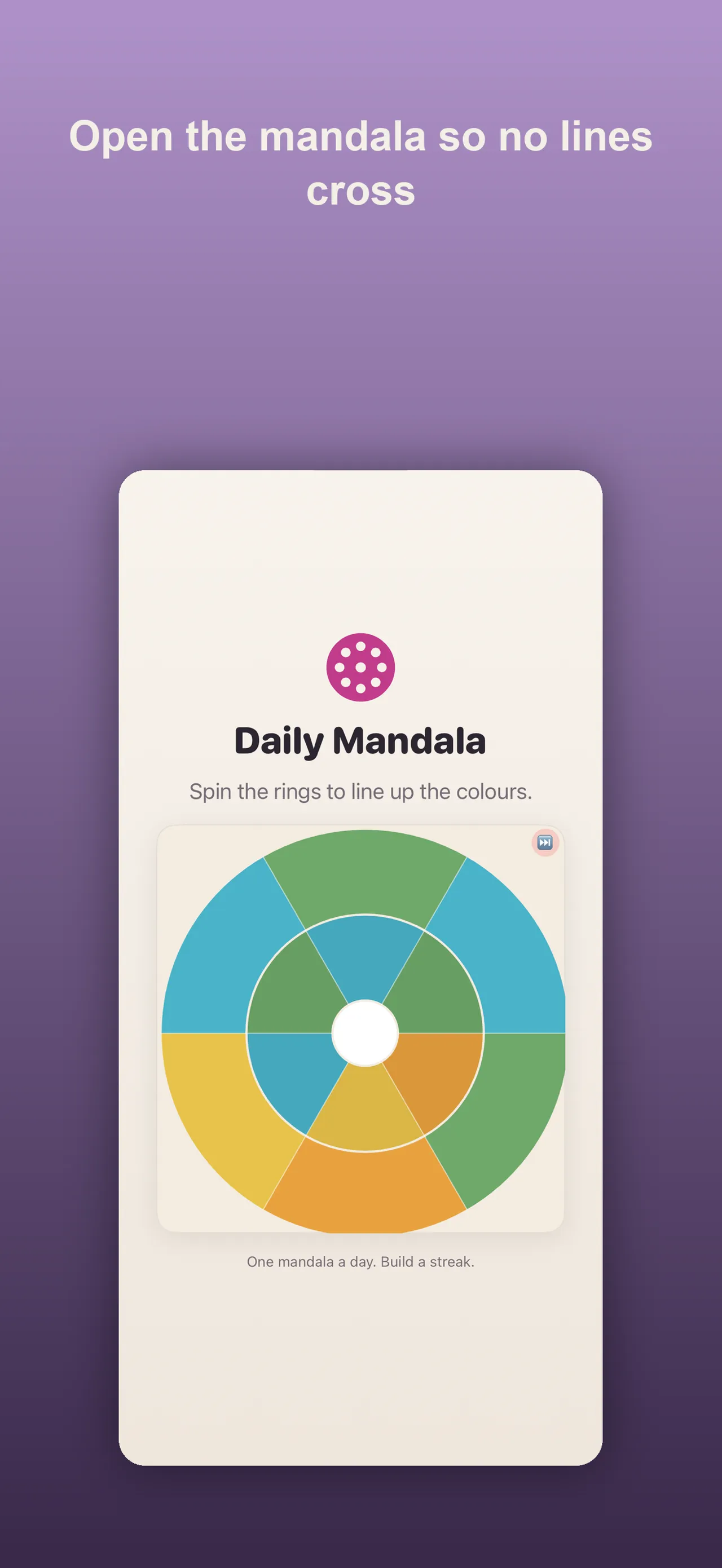 Daily Mandala's tutorial: a ring puzzle in blue, green, yellow and orange with the hint to spin the rings