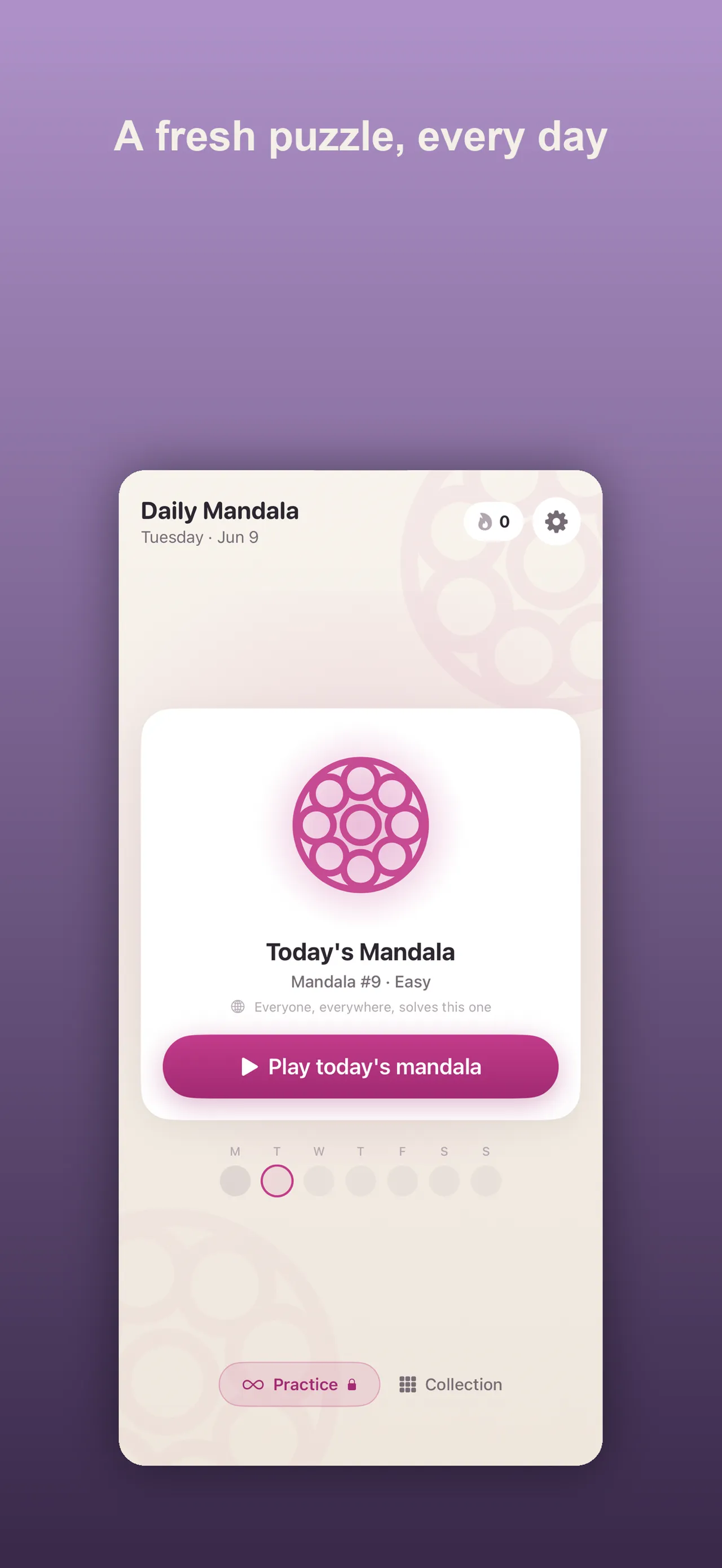 Daily Mandala's home screen: Today's Mandala, Mandala #9, Easy, everyone everywhere solves this one