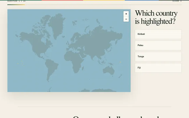 Daily Map Challenge question 1 of 10: island dots highlighted in yellow on a world map, with the choices Kiribati, Palau, Tonga and Fiji