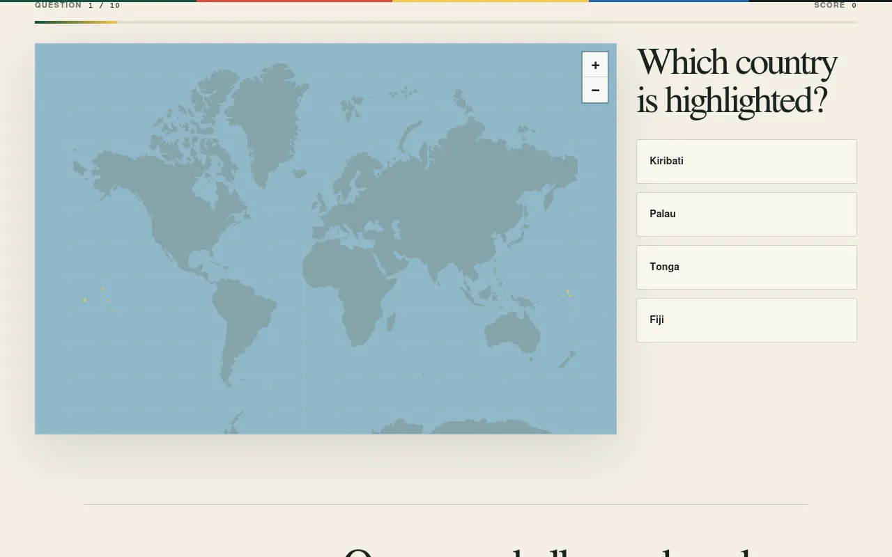 Daily Map Challenge question 1 of 10: island dots highlighted in yellow on a world map, with the choices Kiribati, Palau, Tonga and Fiji