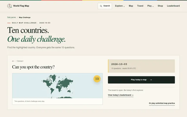 World Flag Map Daily Map Challenge for 2026-10-03: Ten countries, one daily challenge, with a world map preview, ten questions resetting at 00:00 UTC, a Play today's map button and a link to the day's