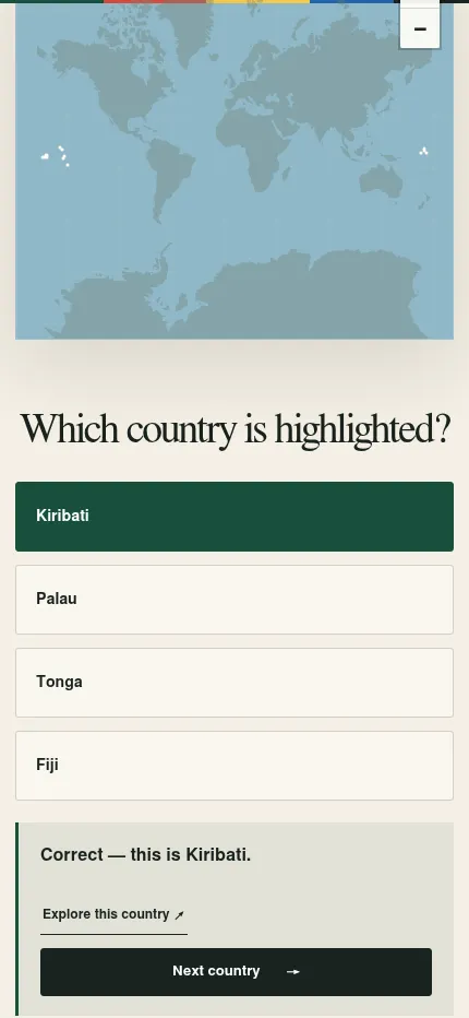 Daily Map Challenge on a phone: the answer Kiribati marked correct under the map, with a Next country button