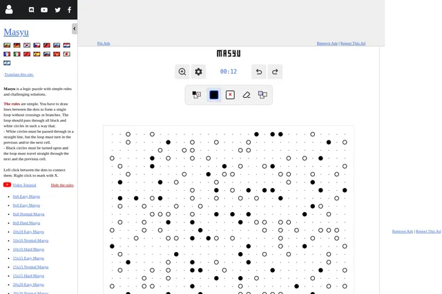 The Special Daily Masyu on puzzle-masyu.com: a large dotted grid scattered with black and white pearls, the line tools above and the rules in the side panel