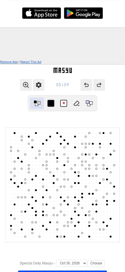 The 30 October 2026 Special Daily Masyu at phone size, the whole 30x30 grid under the toolbar with the date picker below it