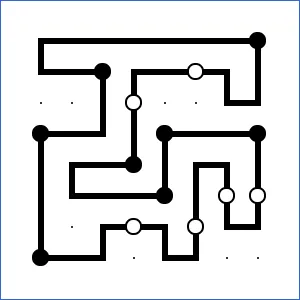 A Masyu grid with black and white circles and a single loop, from puzzle-masyu.com