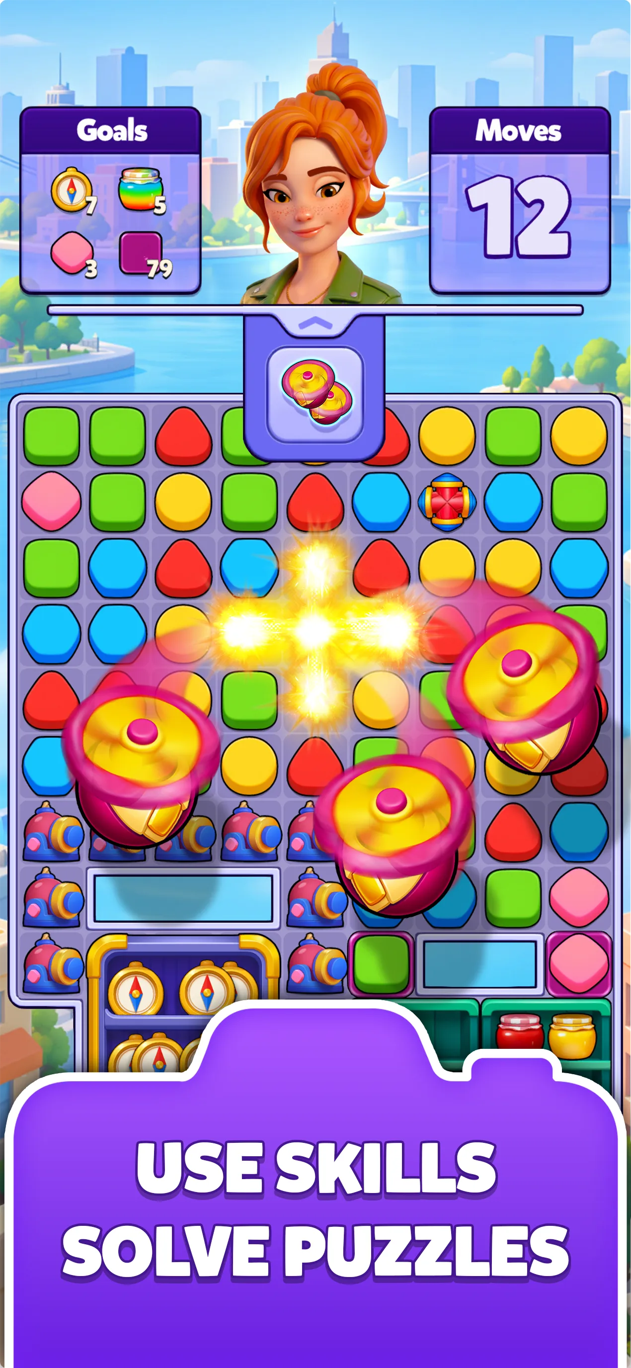 A Daily Match board of coloured pieces with goals and a 12-move counter, power-ups clearing tiles