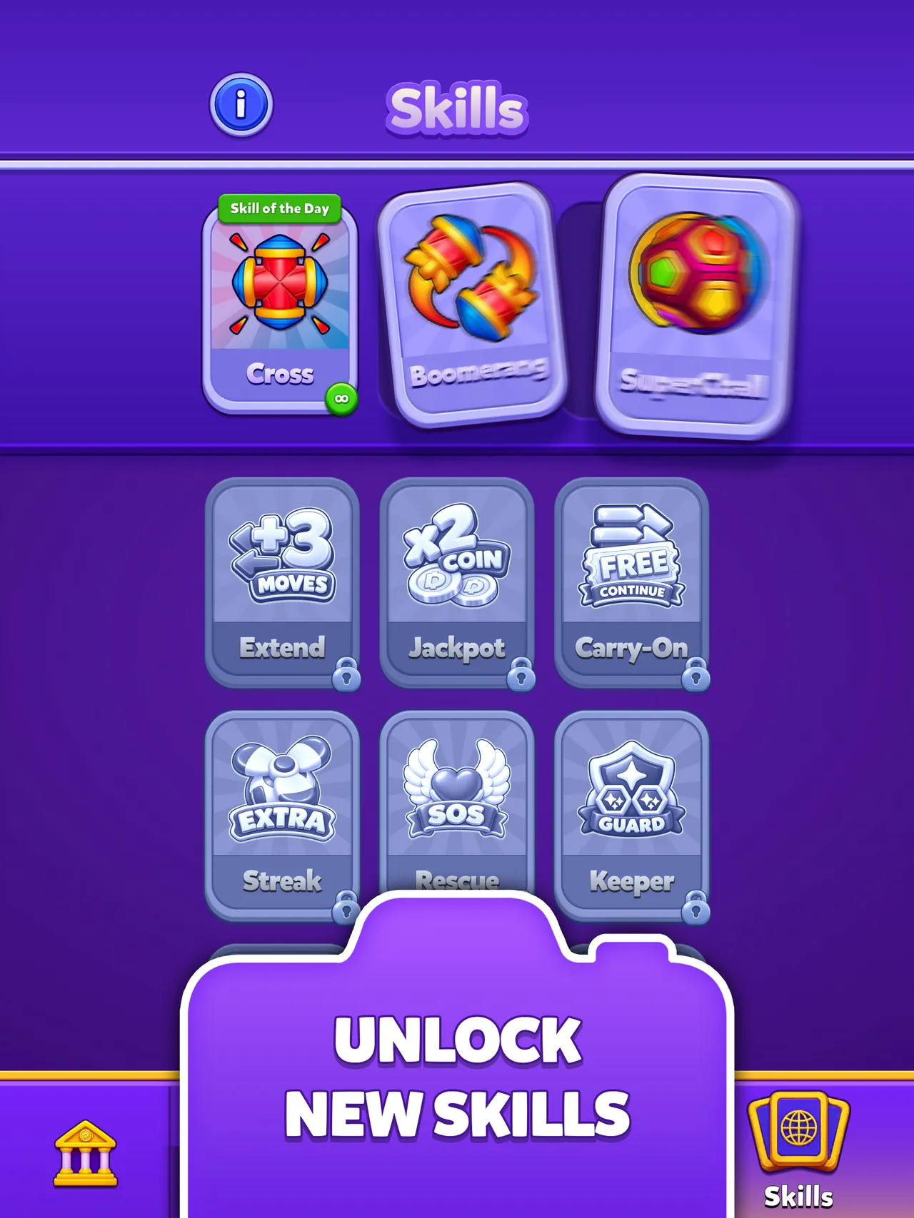 Daily Match skills screen with the Skill of the Day and locked skills