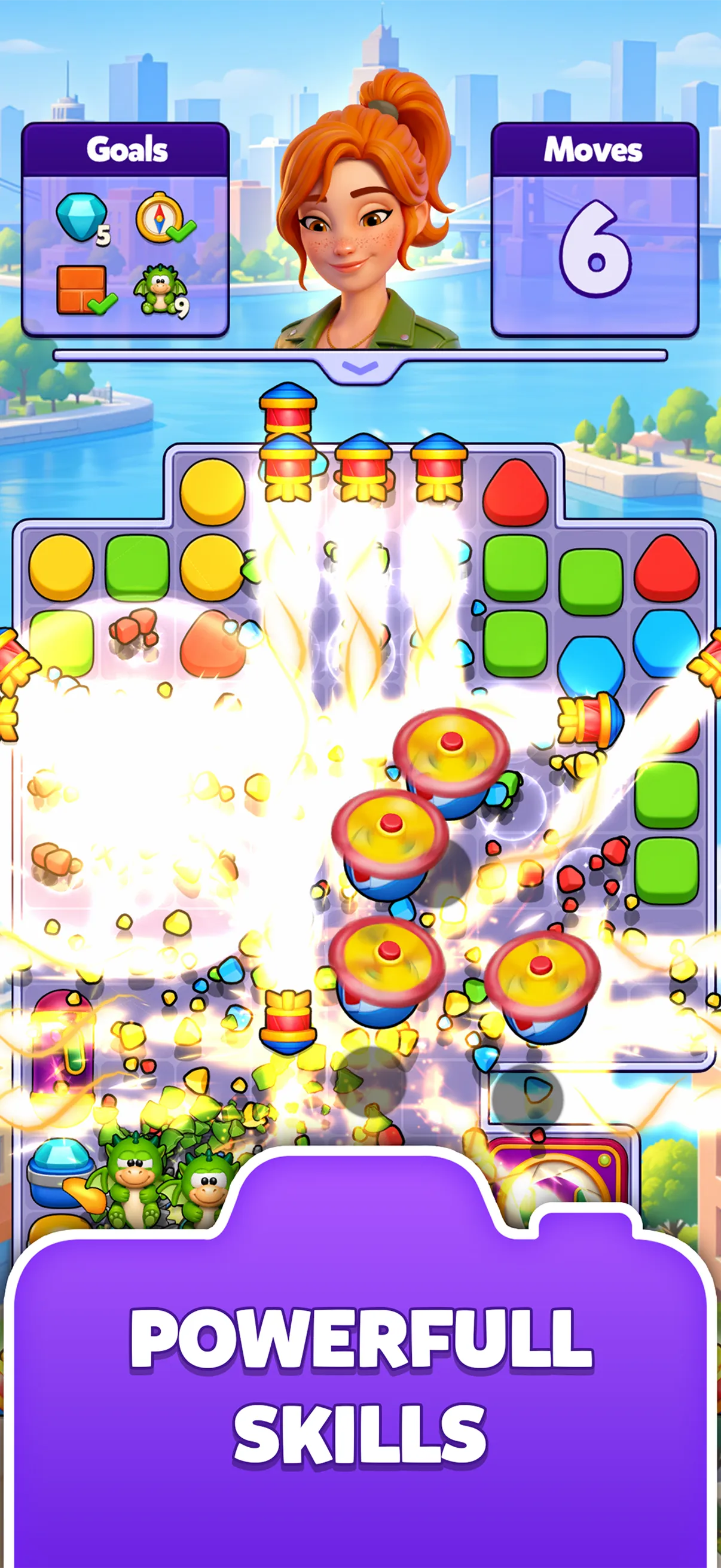 A Daily Match level with six moves left as rockets and blades burst across the board