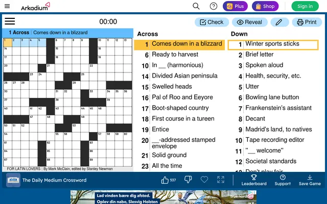 The Daily Medium Crossword for 17 October 2026 in play: a 15 by 15 grid titled For Latin Lovers by Mark McClain, edited by Stanley Newman, beside its Across and Down clues