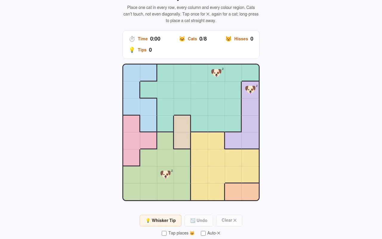 Daily Mind Challenge: a Pounce board, an 8x8 grid of colour regions with sleeping dogs marking empty cells