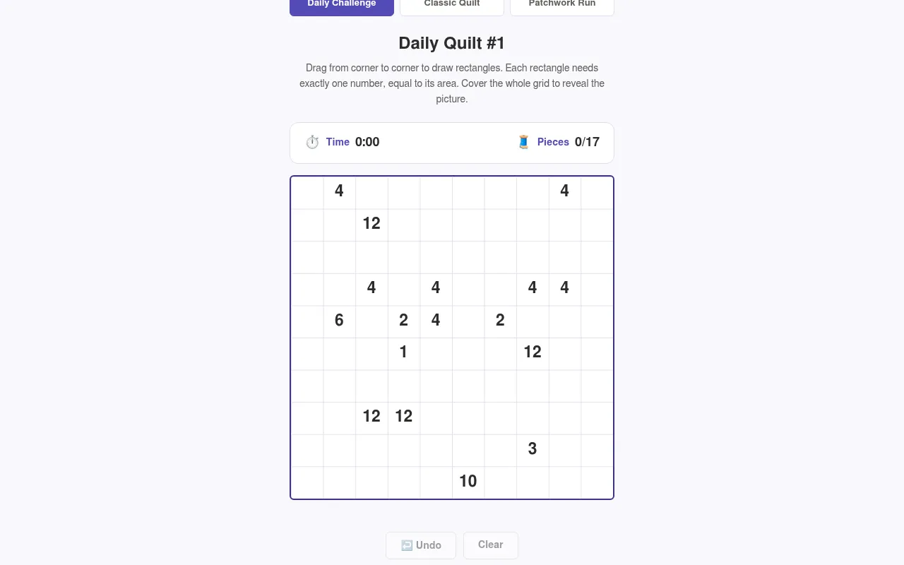 Daily Mind Challenge: Quilt #1, a Shikaku grid of numbers to split into rectangles