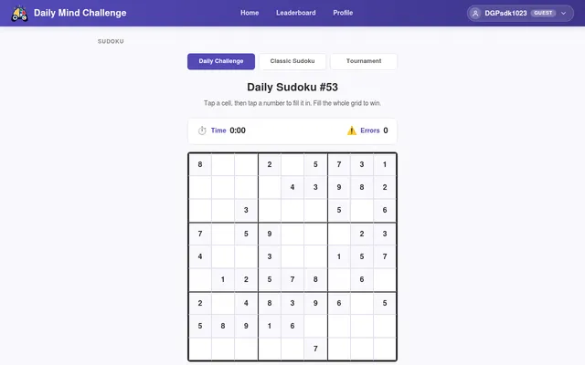 Daily Mind Challenge: today's Daily Sudoku #53 board, a 9x9 grid with timer and error count