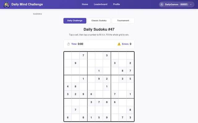 Daily Mind Challenge: the board of Daily Sudoku #47, a 9x9 grid with its timer and error count