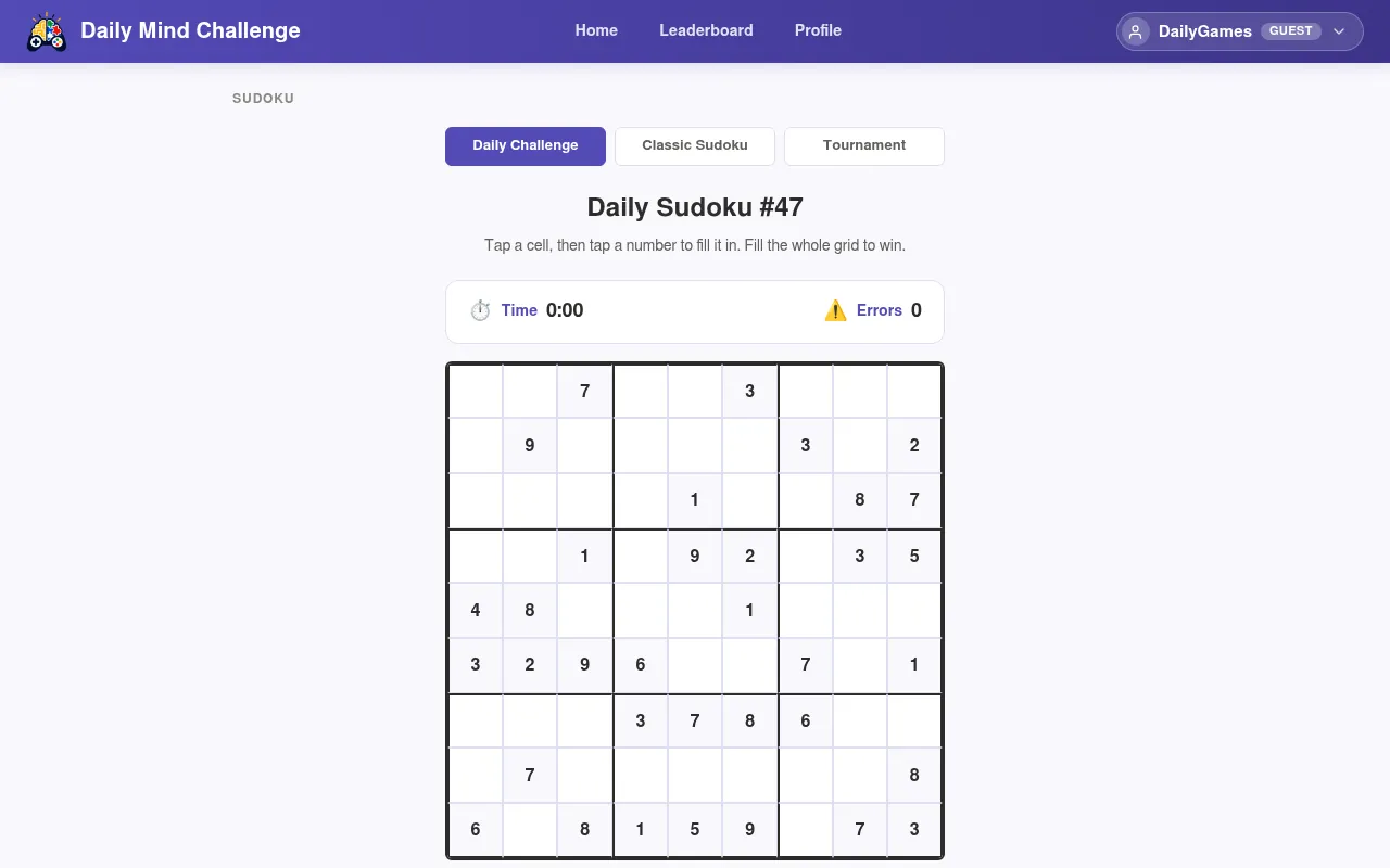 Daily Mind Challenge: the board of Daily Sudoku #47, a 9x9 grid with its timer and error count
