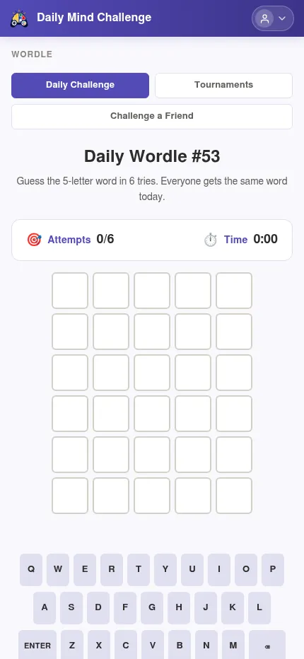 Daily Mind Challenge on a phone: the Daily Wordle #53 board with its on-screen keyboard