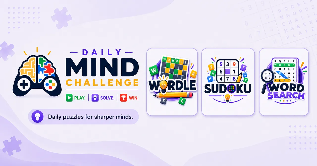 Daily Mind Challenge share art with the game's logo and its Wordle, Sudoku and Word Search puzzles