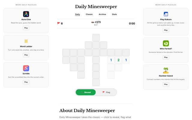 Daily Minesweeper #279, a bat-shaped board: grey cells with an opened corner showing the numbers 1, 2 and 1, a count of 6 flags, a 0:00 timer and the Reveal and Flag buttons