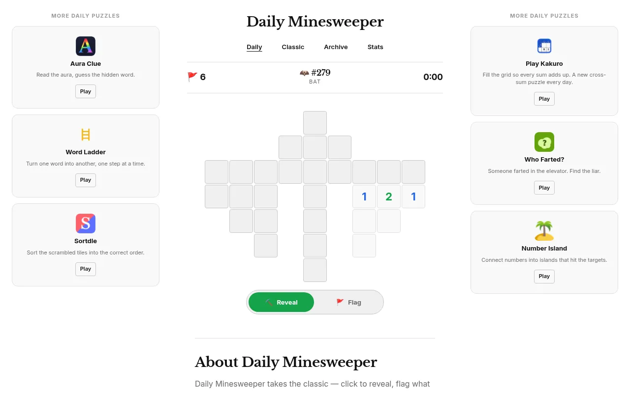 Daily Minesweeper #279, a bat-shaped board: grey cells with an opened corner showing the numbers 1, 2 and 1, a count of 6 flags, a 0:00 timer and the Reveal and Flag buttons