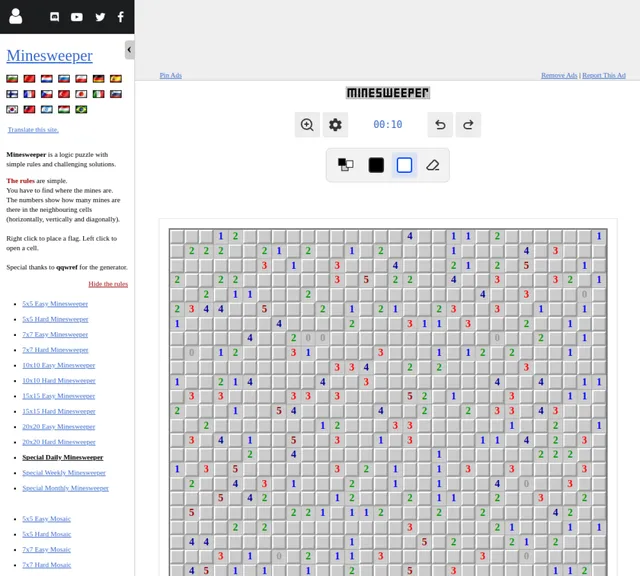 The Special Daily Minesweeper on puzzle-minesweeper.com: a large grid of grey cells with coloured number clues, next to the rules