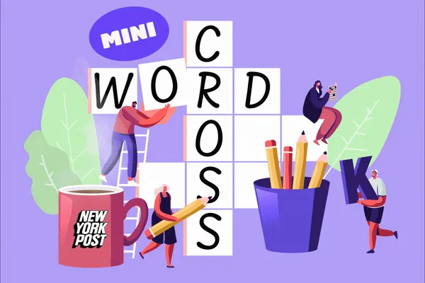 Illustration with the words Mini Word Cross on crossword tiles, a New York Post mug and people with pencils