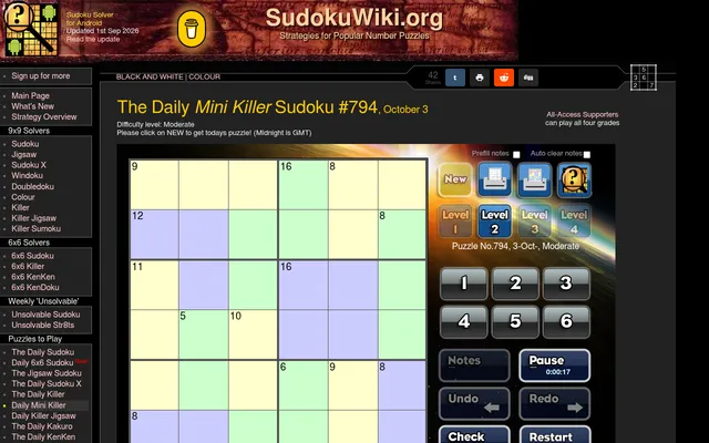 The Daily Mini Killer Sudoku #794, October 3 (Moderate) on SudokuWiki: a 6x6 grid of coloured cages with sums such as 9, 16, 12 and 11, level buttons, a 1 to 6 number pad, notes, undo, redo and a time