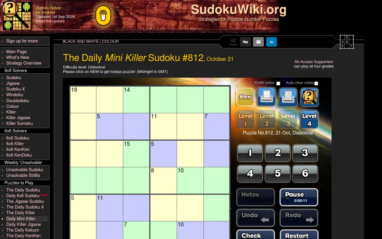 The Daily Mini Killer Sudoku #812, October 21 (Diabolical) on SudokuWiki: a 6x6 grid of coloured cages with sums such as 18, 14, 11 and 15, level buttons, a 1 to 6 number pad and a timer