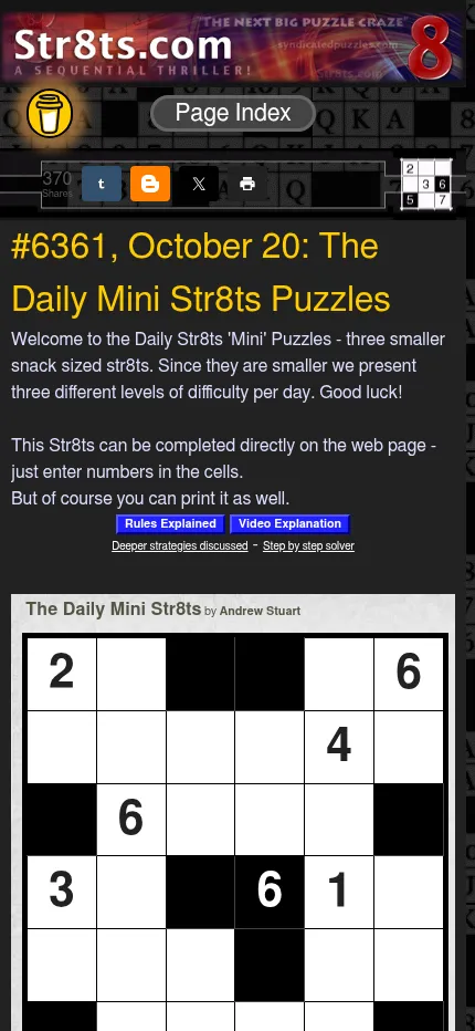 The Daily Mini Str8ts page at phone size, with the October 20 heading and the 6x6 grid filling the screen width