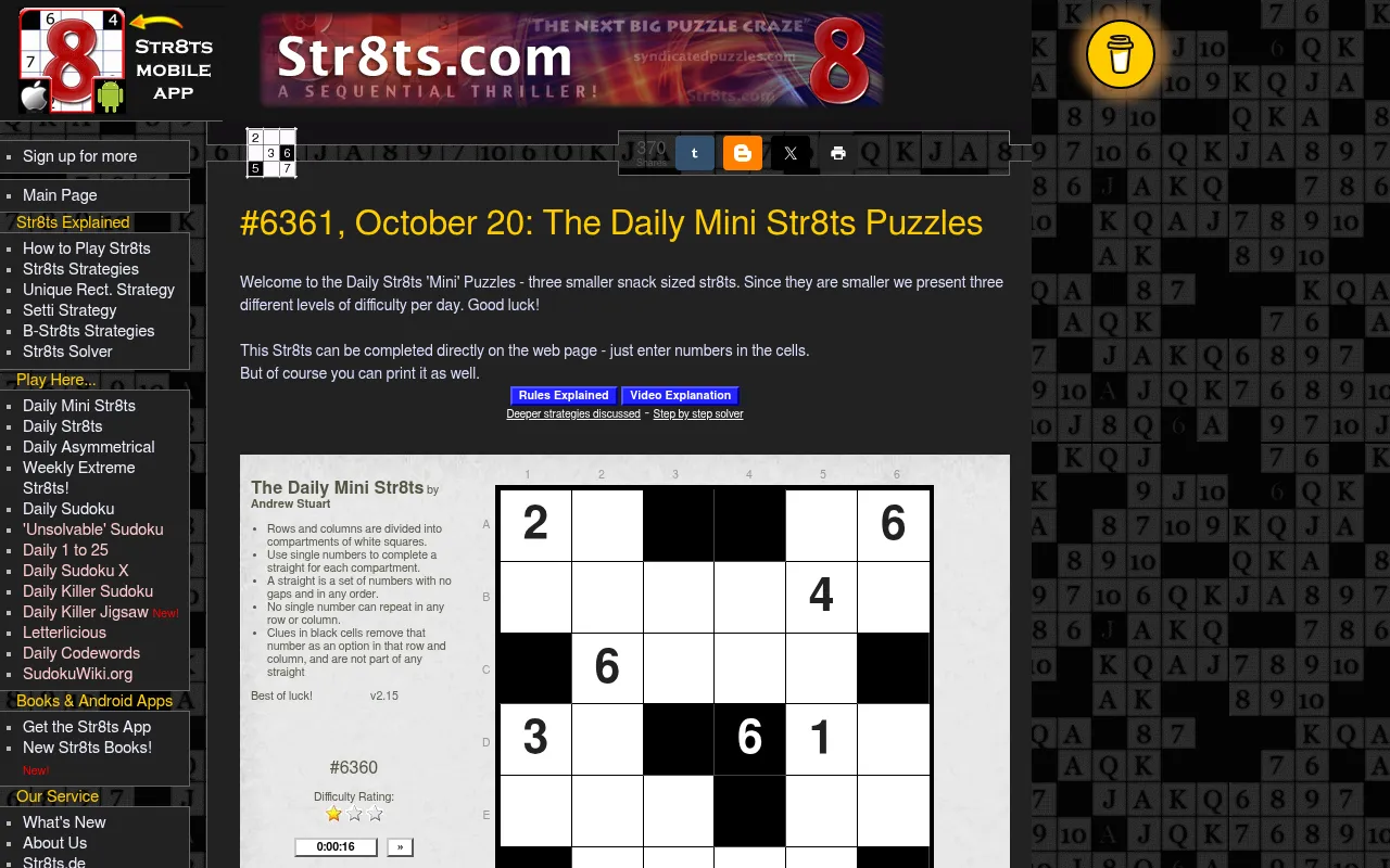 The Daily Mini Str8ts page for #6361, October 20, on desktop, with the site menu, the day's heading and the 6x6 grid below it