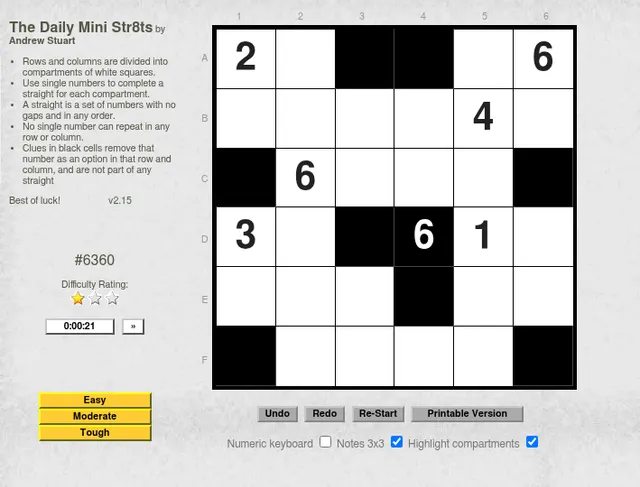 The Easy Daily Mini Str8ts grid of 20 October 2026: a 6x6 board of white and black cells with clues, the rules, a one-star rating, a timer and Easy, Moderate and Tough buttons