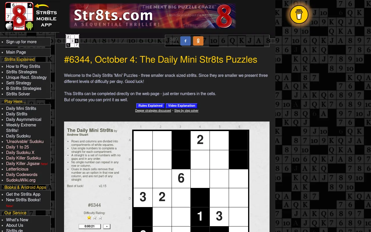 The Daily Mini Str8ts page for #6344, October 4, with a 6x6 Str8ts grid of white and black cells, its rules, a one-star difficulty rating and a timer
