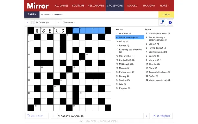 The Daily Mirror Crossword for 26 October 2026 on a desktop: a 13 by 13 grid with USERS filled in at 1 Across, beside the Across and Down clue lists