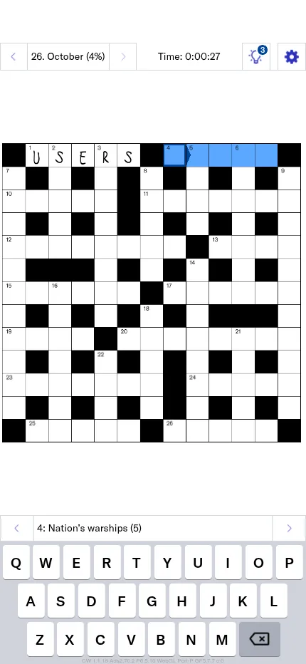 The Daily Mirror Crossword for 26 October 2026 on a phone: the 13 by 13 grid with USERS at 1 Across and the game's own keyboard below