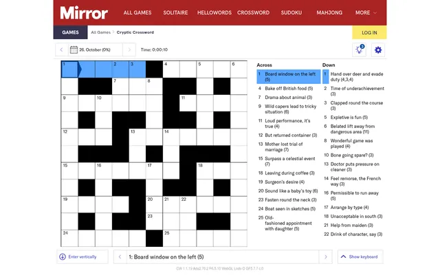 The Daily Mirror Cryptic Crossword for 26 October: an empty 11 by 11 grid with its across and down cryptic clues beside it, a timer and three Jokers