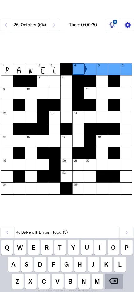 The 26 October Daily Mirror Cryptic Crossword on a phone, with PANEL entered at 1 across, the clue bar and the game's own keyboard below the grid