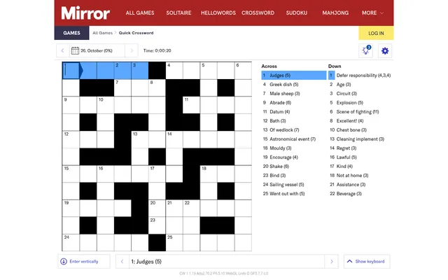The Daily Mirror Quick Crossword board for 26 October 2026 on desktop: an empty 11 by 11 grid with 13 across and 13 down clues beside it