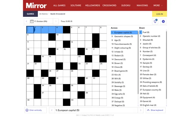 The Daily Mirror Quick Crossword board for 17 October: a 11 by 11 grid with across and down clues beside it