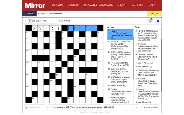 The Quiz Crossword board for 26 October on a computer, 1 Across STUDI filled in, quiz clues listed across and down beside the 13 by 13 grid