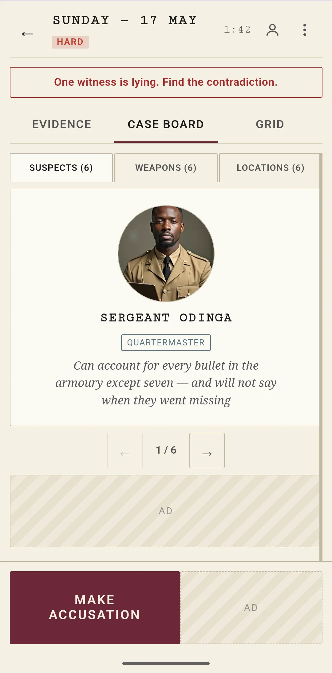 The Daily Murder case board introducing a suspect, Sergeant Odinga, the quartermaster