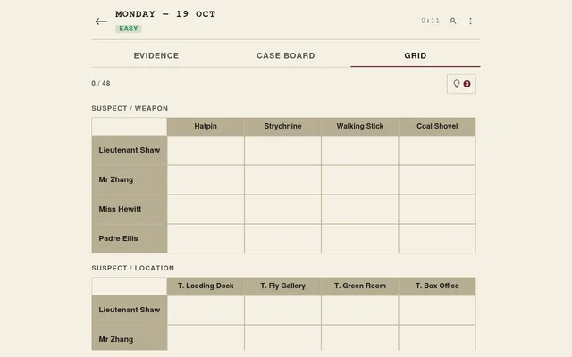 Today's Daily Murder case, Monday 19 October, easy: the empty suspect and weapon grid and the suspect and location grid, with three hints