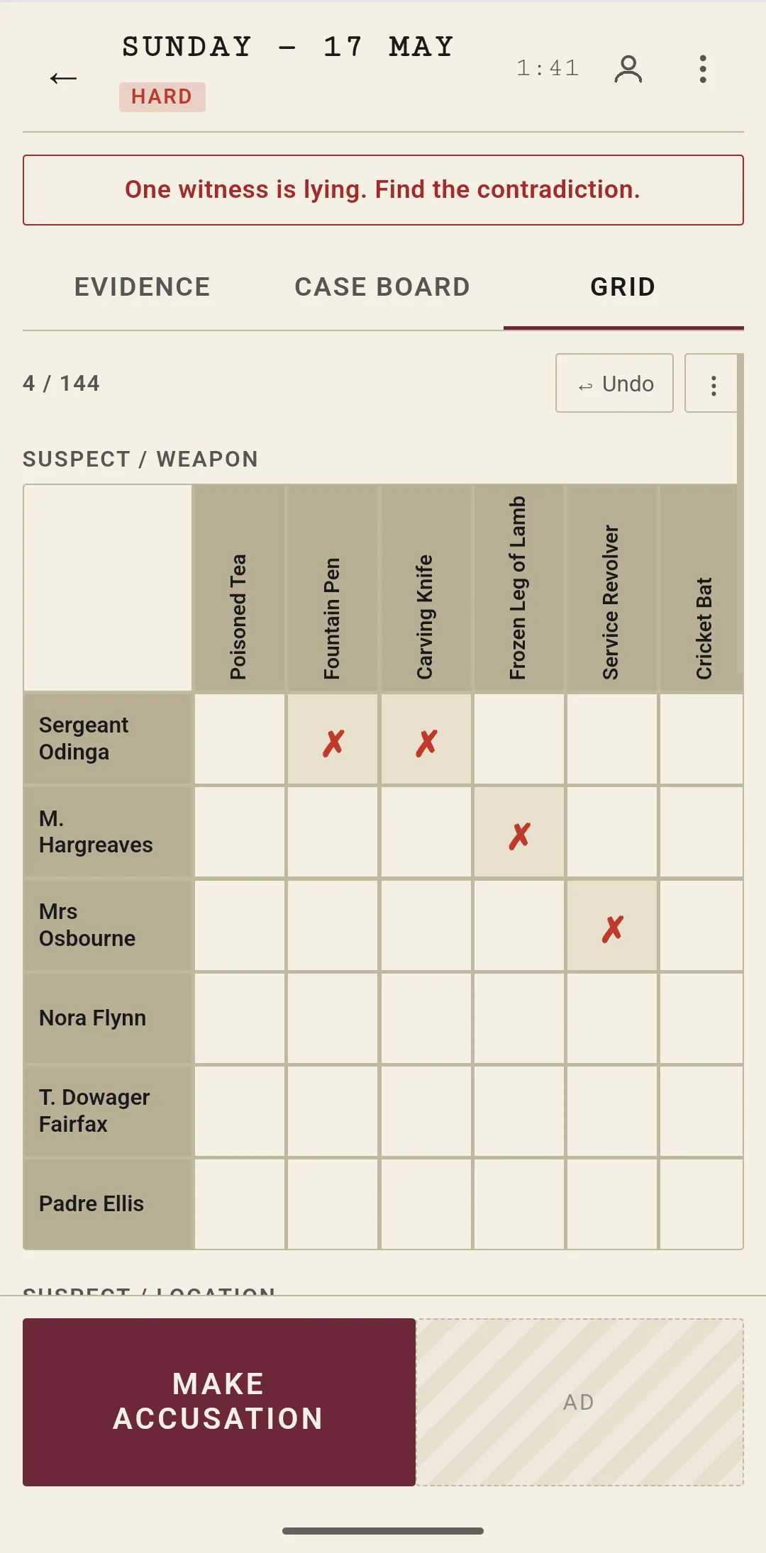 A hard Sunday Daily Murder case: the suspect and weapon grid with crosses, and a warning that one witness is lying