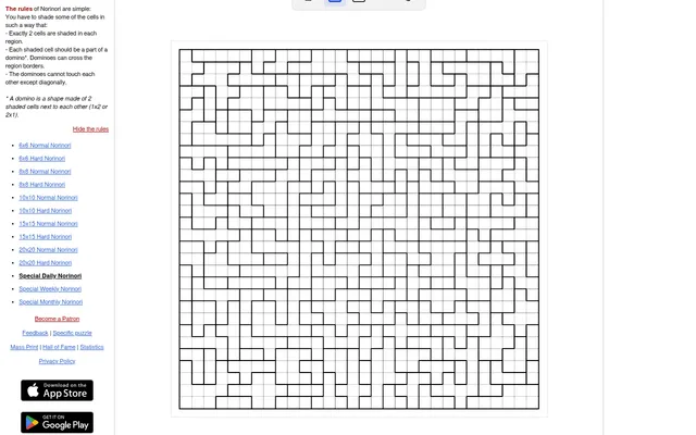 The Special Daily Norinori for 19 October 2026 on puzzle-norinori.com: an empty 30x30 grid divided into irregular regions, with the rules beside it