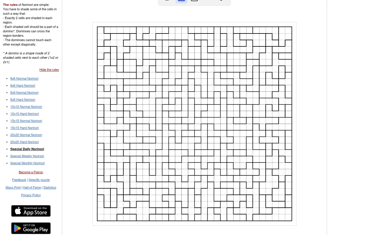 The Special Daily Norinori for 19 October 2026 on puzzle-norinori.com: an empty 30x30 grid divided into irregular regions, with the rules beside it