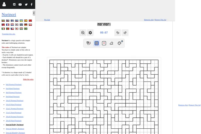 The Special Daily Norinori on puzzle-norinori.com: a large empty grid divided into irregular regions by bold lines, with the shading tools above and the rules in the side panel