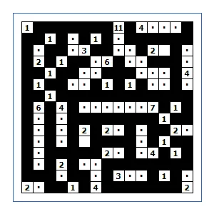 A Nurikabe grid with numbered islands and a black sea, from puzzle-nurikabe.com