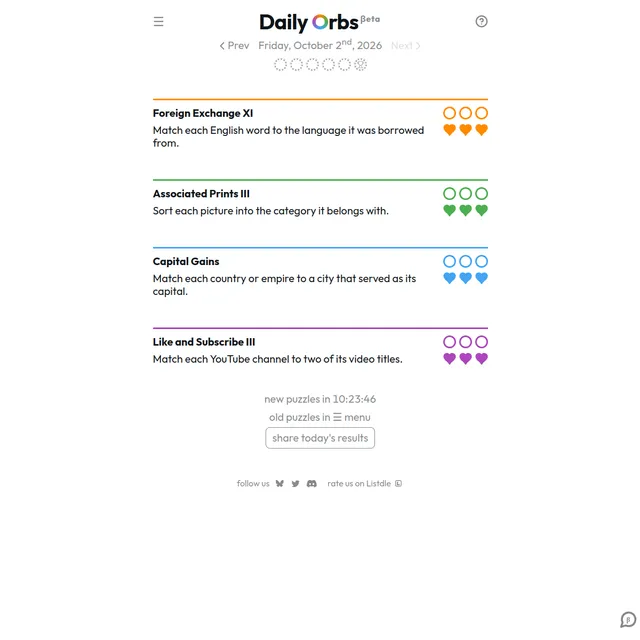 Daily Orbs page for Friday, October 2nd, 2026 listing four puzzles with orbs and hearts