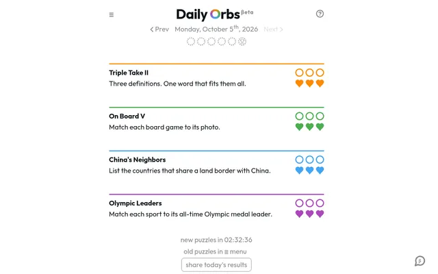 Daily Orbs for Monday, October 5th, 2026: four puzzles, Triple Take II, On Board V, China's Neighbors and Olympic Leaders, each with three orbs and three hearts, and a countdown to new puzzles