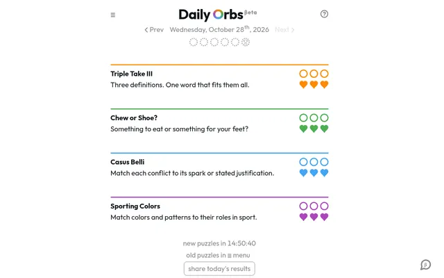Daily Orbs for Wednesday, October 28th, 2026: Triple Take III, Chew or Shoe?, Casus Belli and Sporting Colors, each with three orbs and three hearts, and a countdown to new puzzles