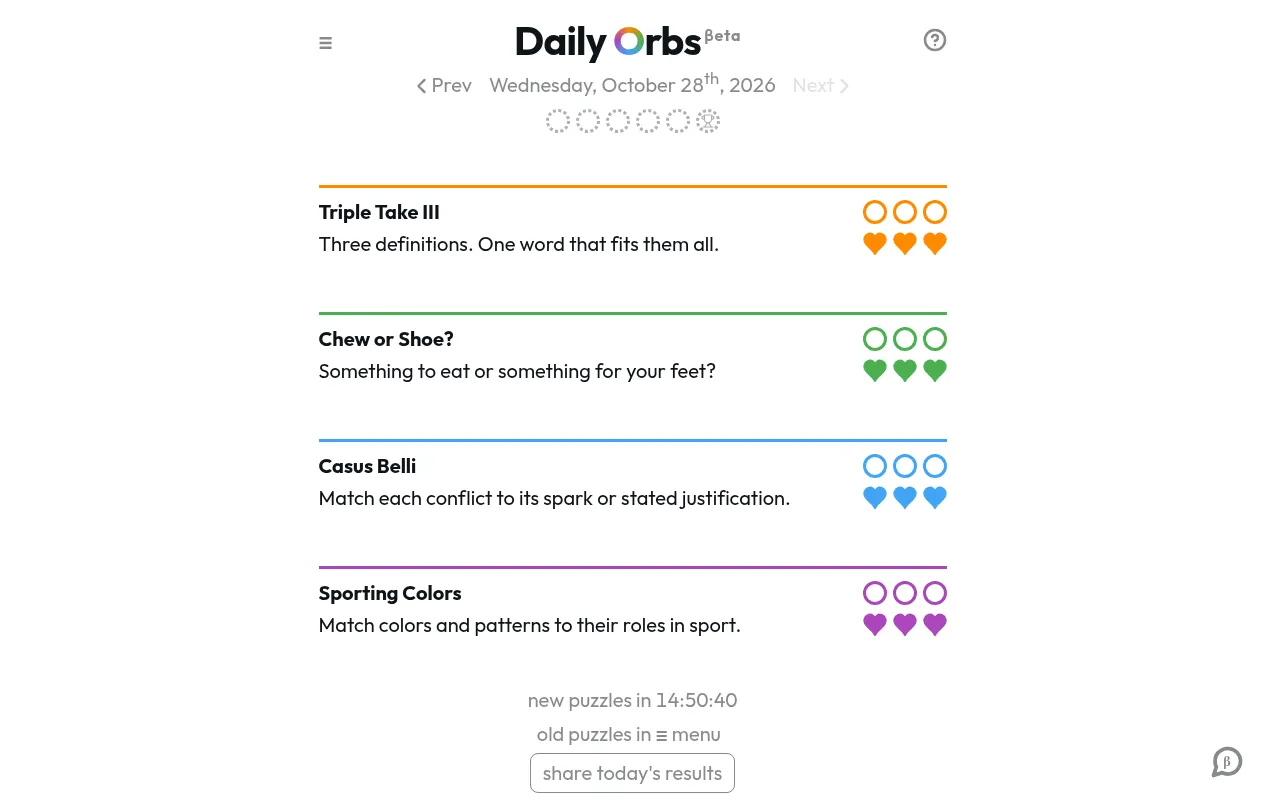 Daily Orbs for Wednesday, October 28th, 2026: Triple Take III, Chew or Shoe?, Casus Belli and Sporting Colors, each with three orbs and three hearts, and a countdown to new puzzles