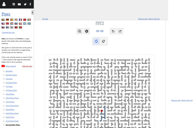 The Special Daily Pipes on puzzle-pipes.com: a large grid of unturned pipe tiles with a red source tile near the centre, the rotate and pin tools above and the rules in the side panel